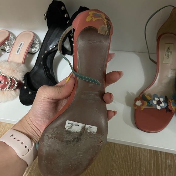 Valentino Orange Red Rockstud Hawaii Flower Floral Ankle Strap Sandals Heel Pump - Picture 4 of 5